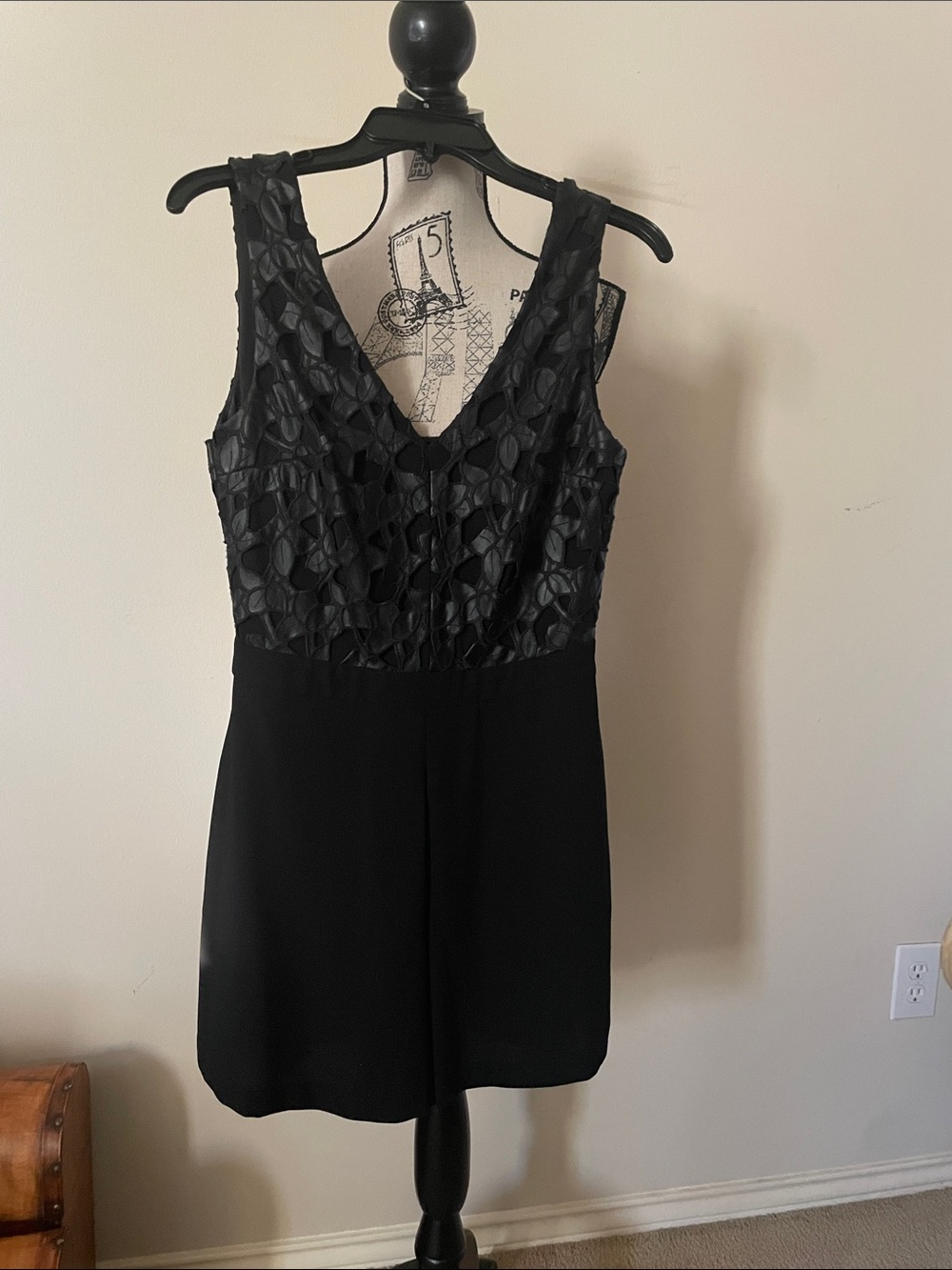 Sam Edelman Black V-Neck Textured Lace Bodice Romper